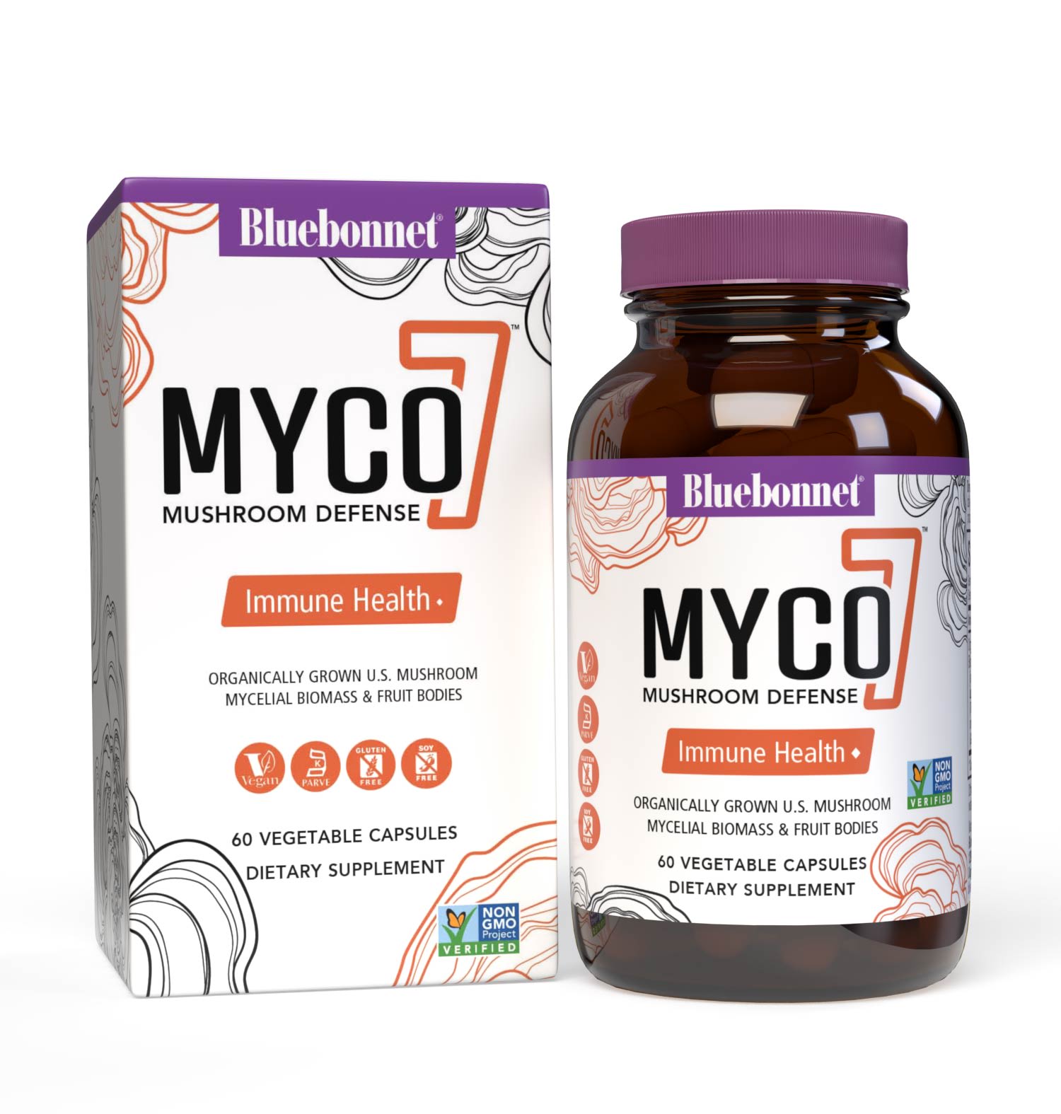 Bluebonnet’s Myco-7 Mushroom Defense Vegetable Capsules are formulated with seven organically grown, whole, full-cycle, mushrooms that are cultivated using solid state fermentation that deliver both the mycelial biomass and fruit bodies to help support immune health, energy & vitality, and daily wellness. With box. #size_60 count