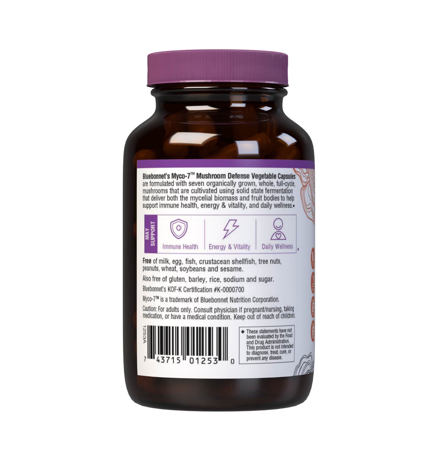 Bluebonnet’s Myco-7 Mushroom Defense Vegetable Capsules are formulated with seven organically grown, whole, full-cycle, mushrooms that are cultivated using solid state fermentation that deliver both the mycelial biomass and fruit bodies to help support immune health, energy & vitality, and daily wellness. Description panel.#size_60 count