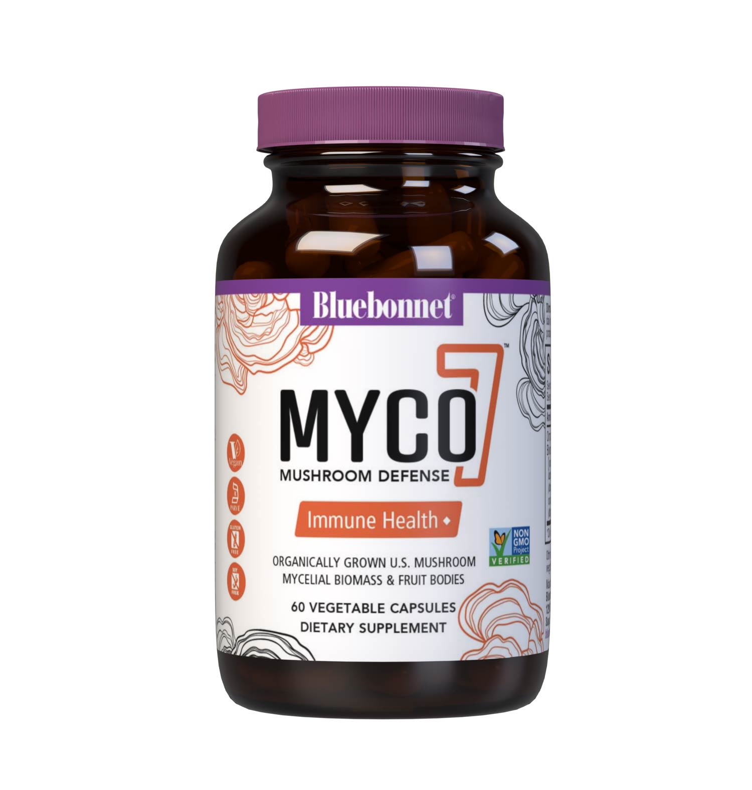 Bluebonnet’s Myco-7 Mushroom Defense Vegetable Capsules are formulated with seven organically grown, whole, full-cycle, mushrooms that are cultivated using solid state fermentation that deliver both the mycelial biomass and fruit bodies to help support immune health, energy & vitality, and daily wellness. #size_60 count