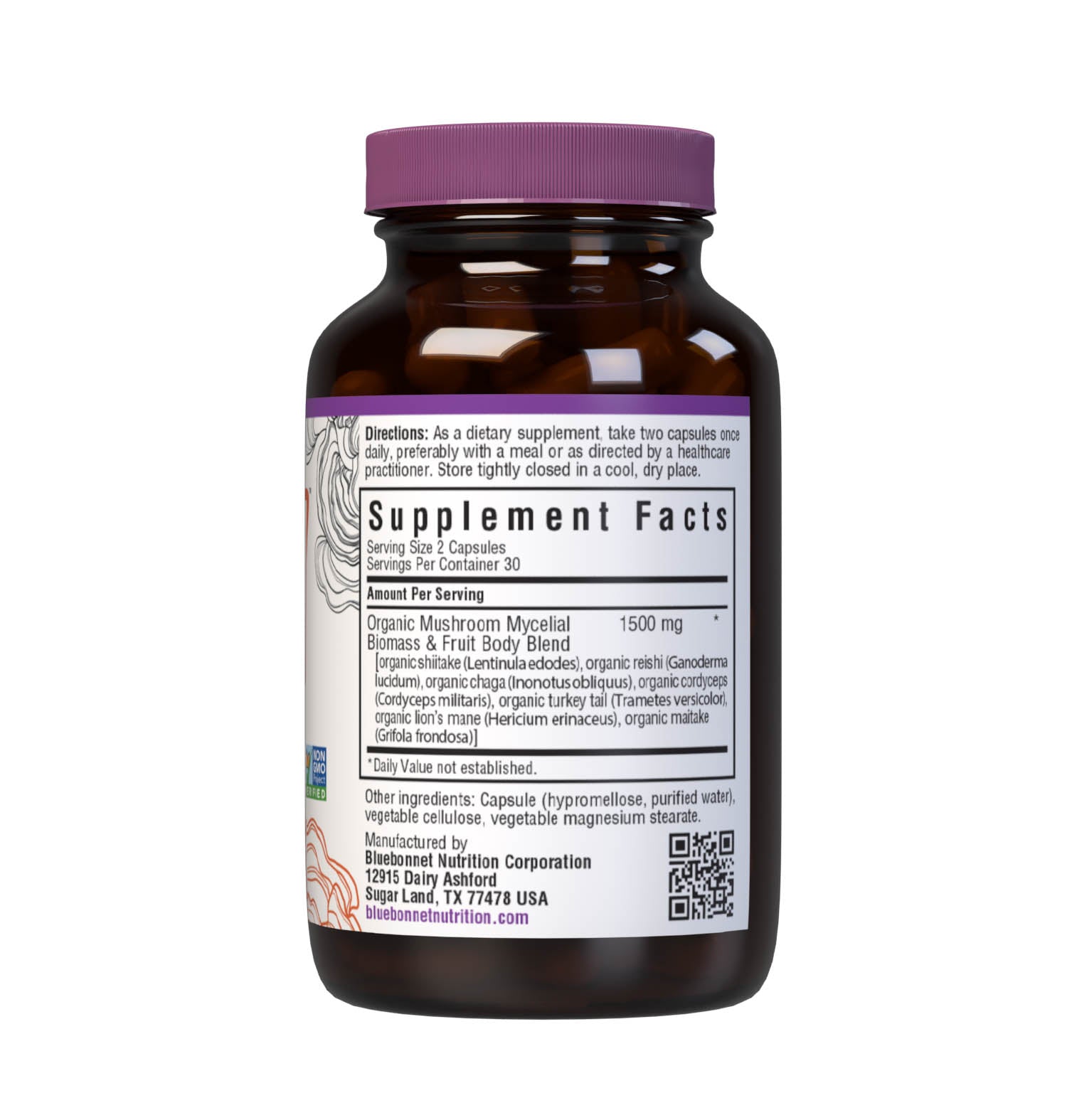 Bluebonnet’s Myco-7 Mushroom Defense Vegetable Capsules are formulated with seven organically grown, whole, full-cycle, mushrooms that are cultivated using solid state fermentation that deliver both the mycelial biomass and fruit bodies to help support immune health, energy & vitality, and daily wellness. Supplement facts panel. #size_60 count