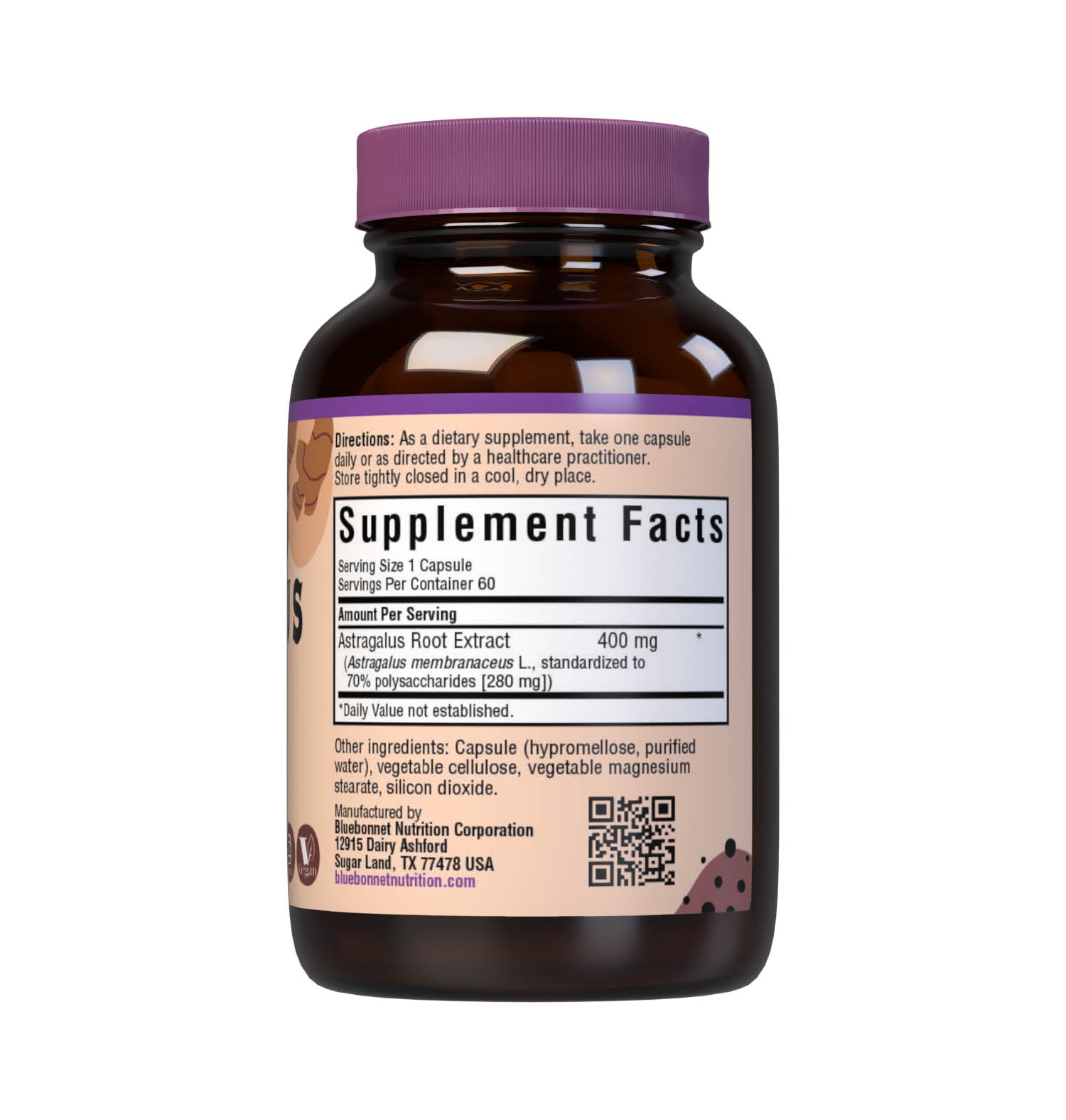 Bluebonnet’s Astragalus Root Extract 60 Vegetable Capsules provide a standardized extract of polysaccharides, the most researched active constituents found in astragalus root to support immune health. A clean and gentle water-based extraction method is employed to capture and preserve astragalus’ most valuable components. Supplement facts panel. #size_60 count