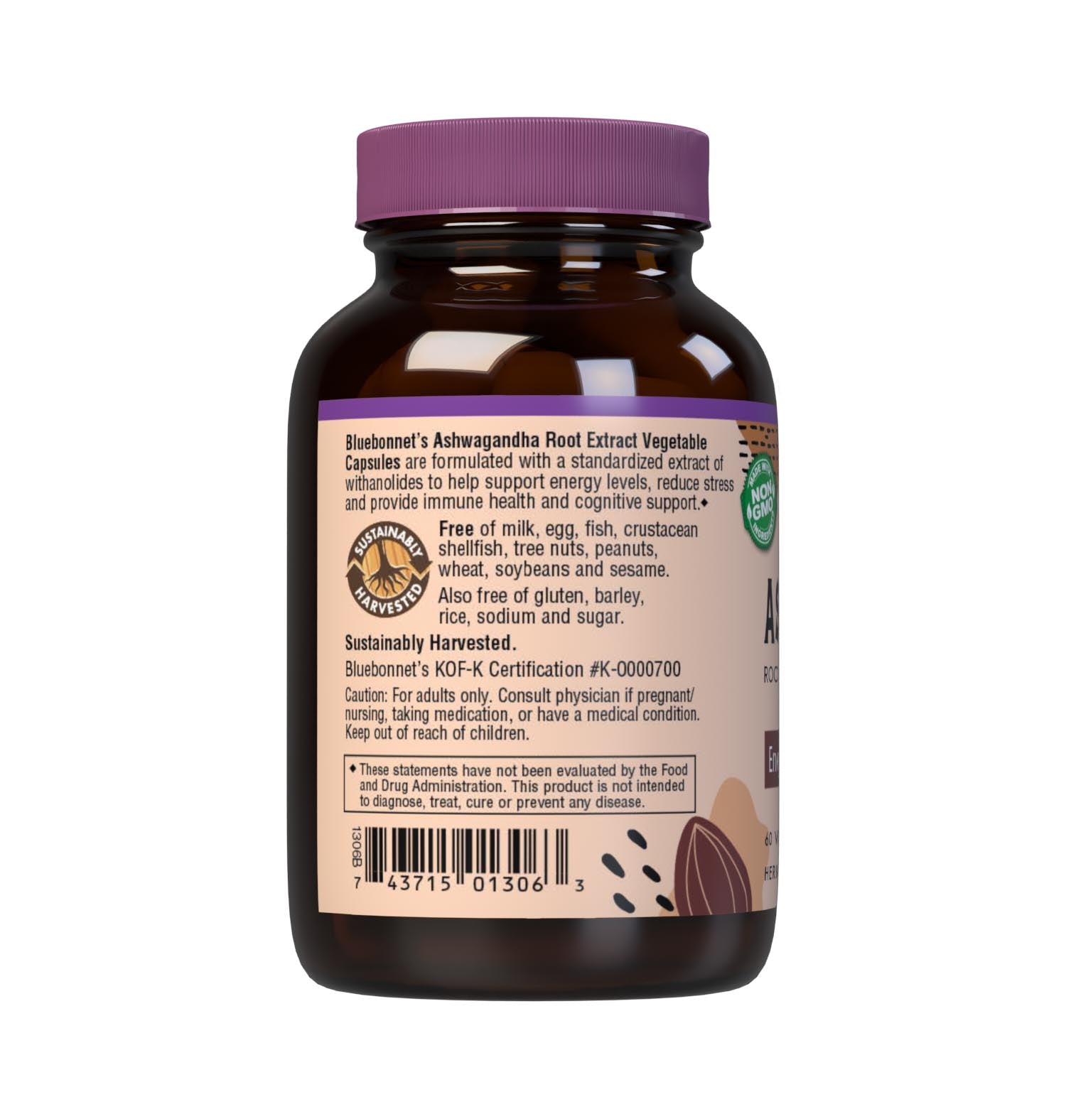 Bluebonnet’s Ashwagandha Root Extract 60 Vegetable Capsules are specially formulated with a standardized extract of withanolides from sustainably harvested, non-GMO ashwagandha root using a clean and gentle water-based extraction method. As the most researched active constituent in this Ayurvedic adaptogenic herb, withanolides are known to promote healthy energy levels while reducing stress and providing immune and cognitive support. Description panel. #size_60 count