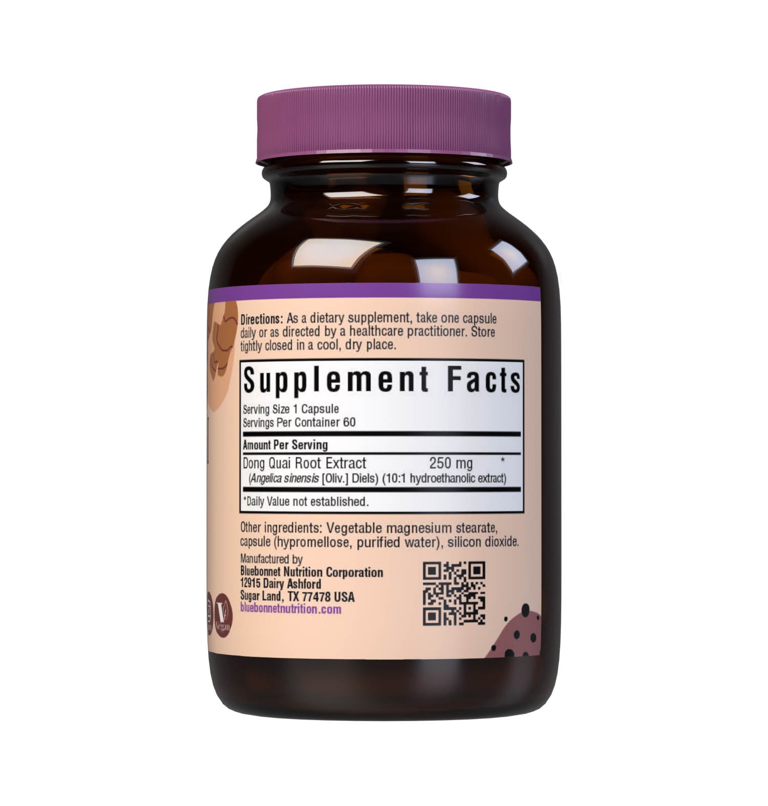 Bluebonnet’s Dong Quai Root Extract 60 Vegetable Capsules contain a full spectrum extract of dong quai root that is carefully produced by a clean and gentle water-based extraction method to capture and preserve dong quai’s most valuable components. Supplement facts panel. #size_60 count