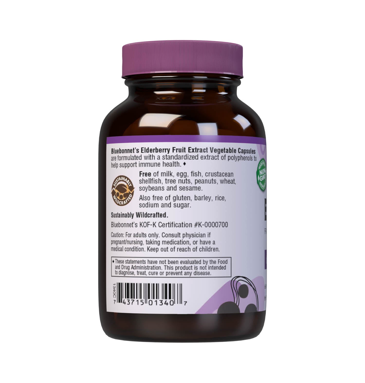 Bluebonnet’s Elderberry Fruit Extract 60 Vegetable Capsules contain a standardized extract of polyphenols, the most researched active constituents found in elderberry, which may help support immune health. A clean and gentle water-based extraction method is employed to capture and preserve elderberry’s most valuable components. Description panel. #size_60 count