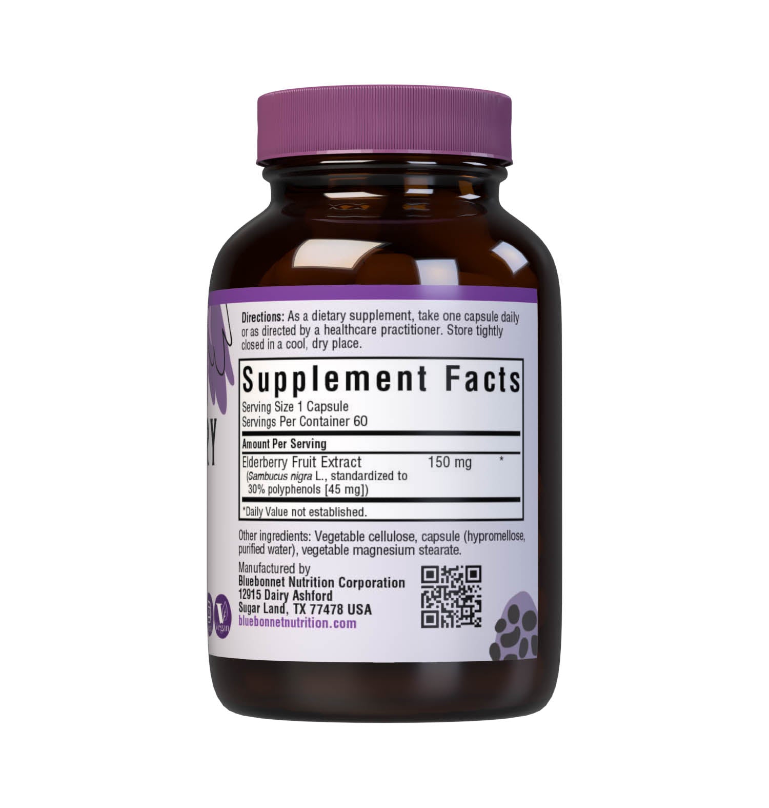 Bluebonnet’s Elderberry Fruit Extract 60 Vegetable Capsules contain a standardized extract of polyphenols, the most researched active constituents found in elderberry, which may help support immune health. A clean and gentle water-based extraction method is employed to capture and preserve elderberry’s most valuable components. Supplement facts panel. #size_60 count