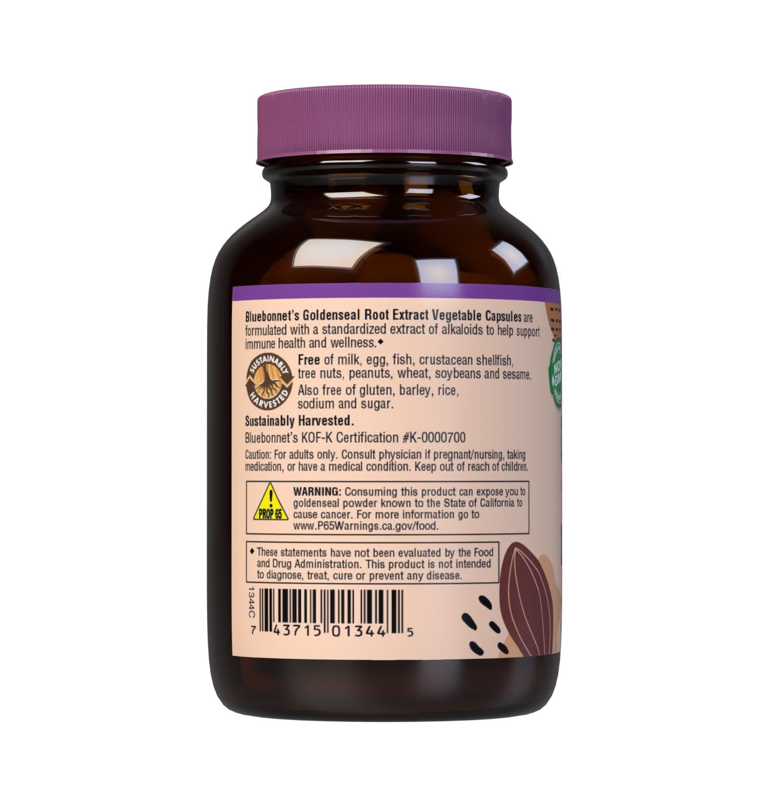 Bluebonnet’s Goldenseal Root Extract 60 Vegetable Capsules contain a standardized extract of alkaloids, the most researched active constituents found in goldenseal. A clean and gentle water-based extraction method is employed to capture and preserve goldenseal’s most valuable components. Description panel. #size_60 count