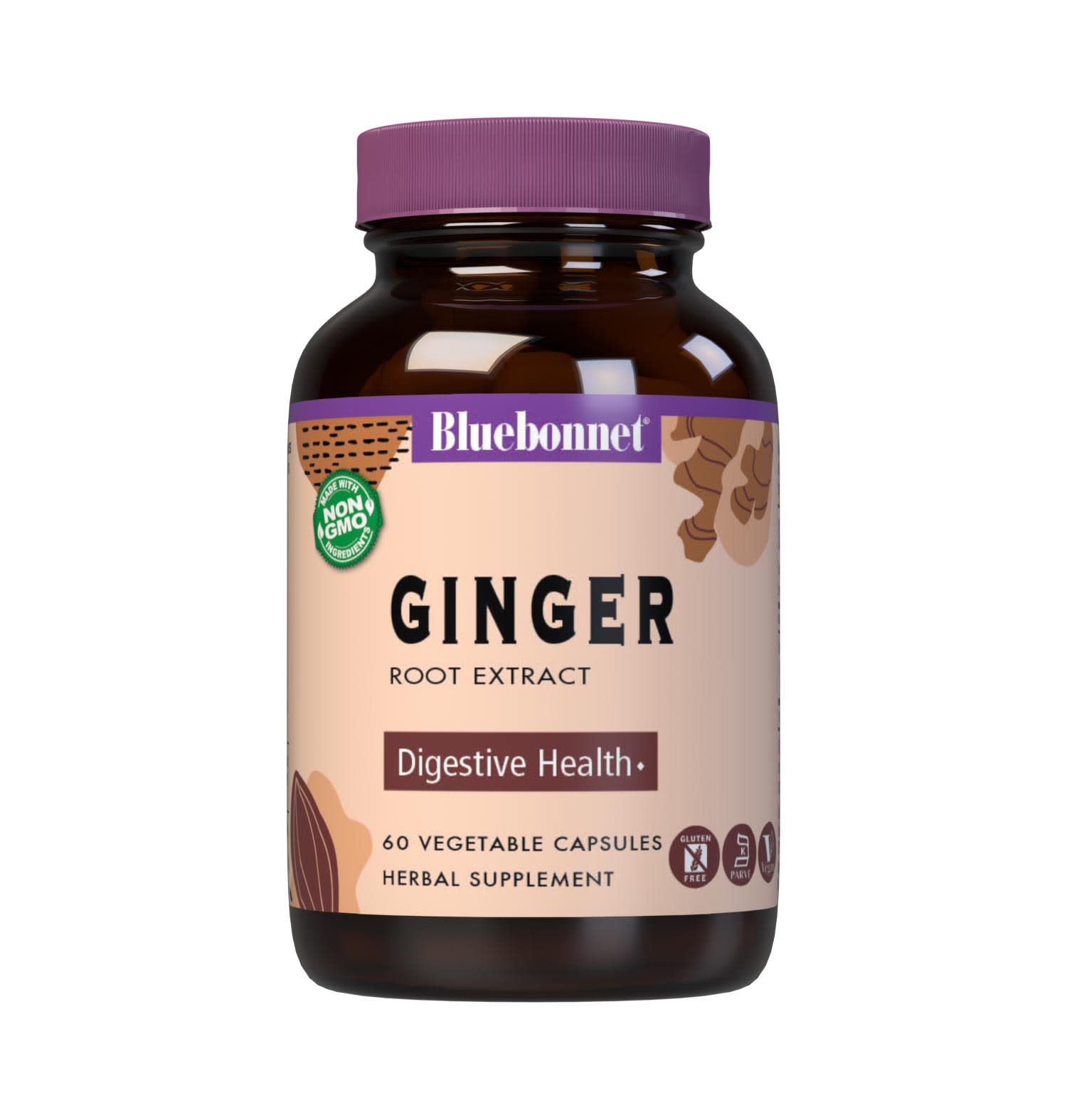 Bluebonnet’s Ginger Root Extract 60 Vegetable Capsules contain a standardized extract of gingerols and shogaols, the most researched active constituents found in ginger. A clean and gentle water-based extraction method is employed to capture and preserve ginger’s most valuable components. #size_60 count