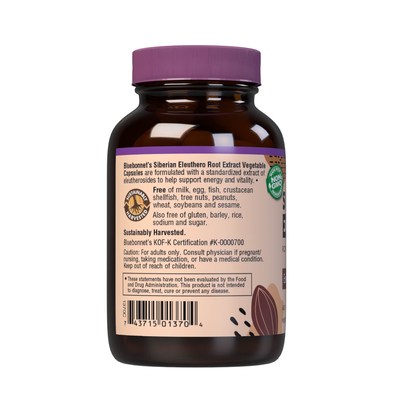 Bluebonnet’s Siberian Eleuthero Root Extract 60 Vegetable Capsules are formulated with a standardized extract of eleutherosides, the most researched active constituents found in Siberian eleuthero root. A clean and gentle water-based extraction method is employed to capture and preserve Siberian eleuthero root’s most valuable components. Description panel. #size_60 count