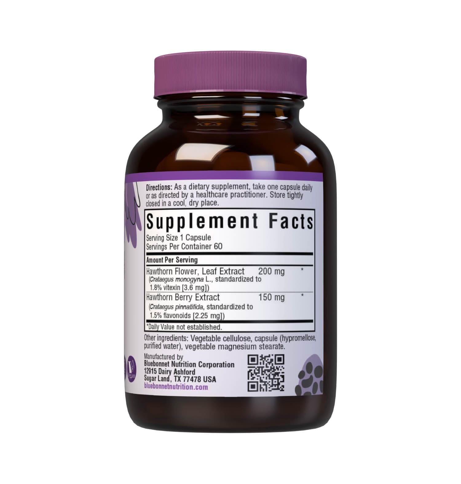 Bluebonnet’s Hawthorn Herb Extract 60 Vegetable Capsules contain a standardized extract of flavonoids and vitexin, the most researched active constituents found in hawthorn. A clean and gentle water-based extraction method is employed to capture and preserve hawthorn’s most valuable components. Supplement facts panel. #size_60 count