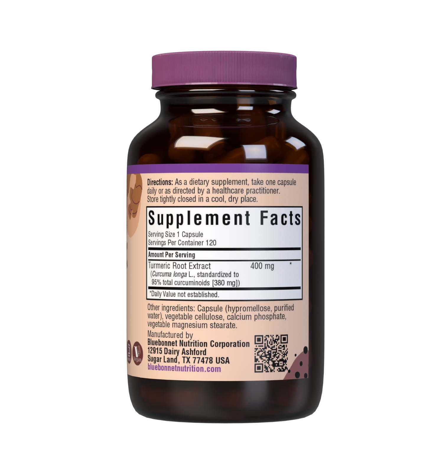 Bluebonnet’s Turmeric Root Extract 60 Capsules provide a standardized extract of total curcuminoids, the most researched active constituents found in turmeric. A clean and gentle water-based extraction method is employed to capture and preserve turmeric’s most valuable components. Supplement facts panel. #size_120 count