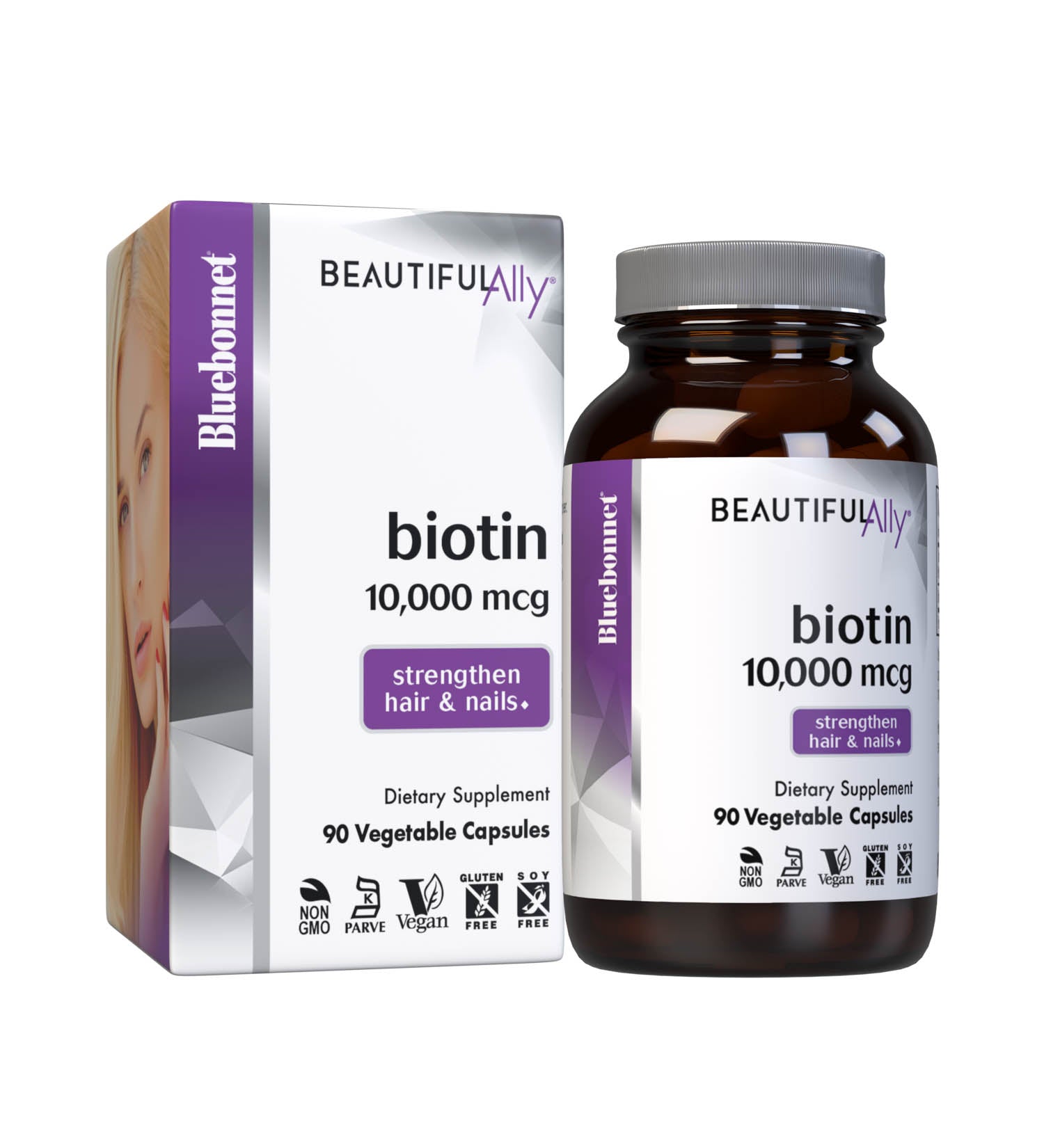 Bluebonnet’s Beautiful Ally Biotin 10,000 mcg 90 Vegetable Capsules are specially formulated to help strengthen hair and nails with yeast-free biotin, a water-soluble B vitamin, in its crystalline form. With box. #size_90 count