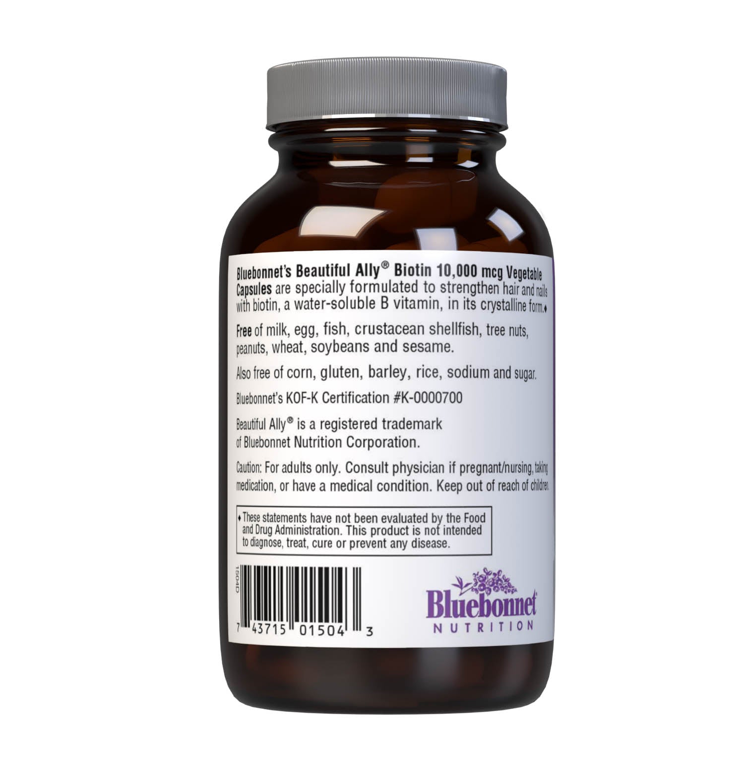 Bluebonnet’s Beautiful Ally Biotin 10,000 mcg 90 Vegetable Capsules are specially formulated to help strengthen hair and nails with yeast-free biotin, a water-soluble B vitamin, in its crystalline form. Description panel. #size_90 count