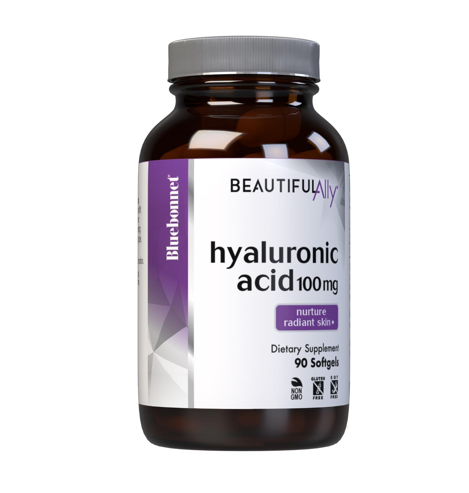 Bluebonnet’s Beautiful Ally Hyaluronic Acid 100 mg 90 Softgels are specially formulated to help increase skin hydration and repair with vegan-sourced hyaluronic acid in a base of non-GMO sunflower oil. Hyaluronic acid serves as a cushion and lubricant with the skin tp help create a more supple, luminescent, youthful appearance. #size_90 count