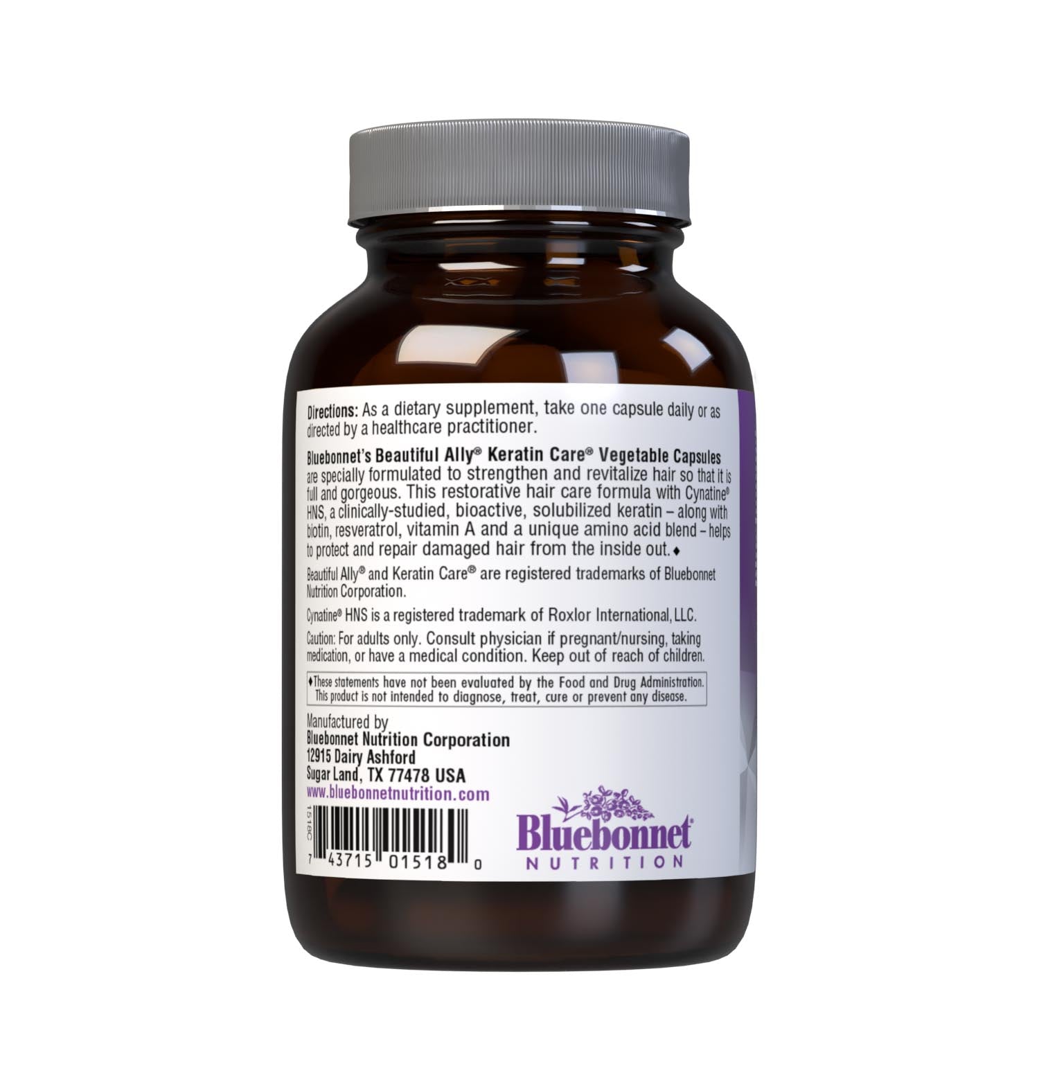 Bluebonnet’s Beautiful Ally Keratin Care 30 Vegetable Capsules are specially formulated with Cynatine HNS, a clinically-studied, bioactive, solubilized keratin – along with biotin, resveratrol, vitamin A and a unique amino acid blend – to help promote the appearance of strong, gorgeous hair. This restorative hair care formula helps protect and repair damaged hair from the inside out. Description panel. #size_30 count