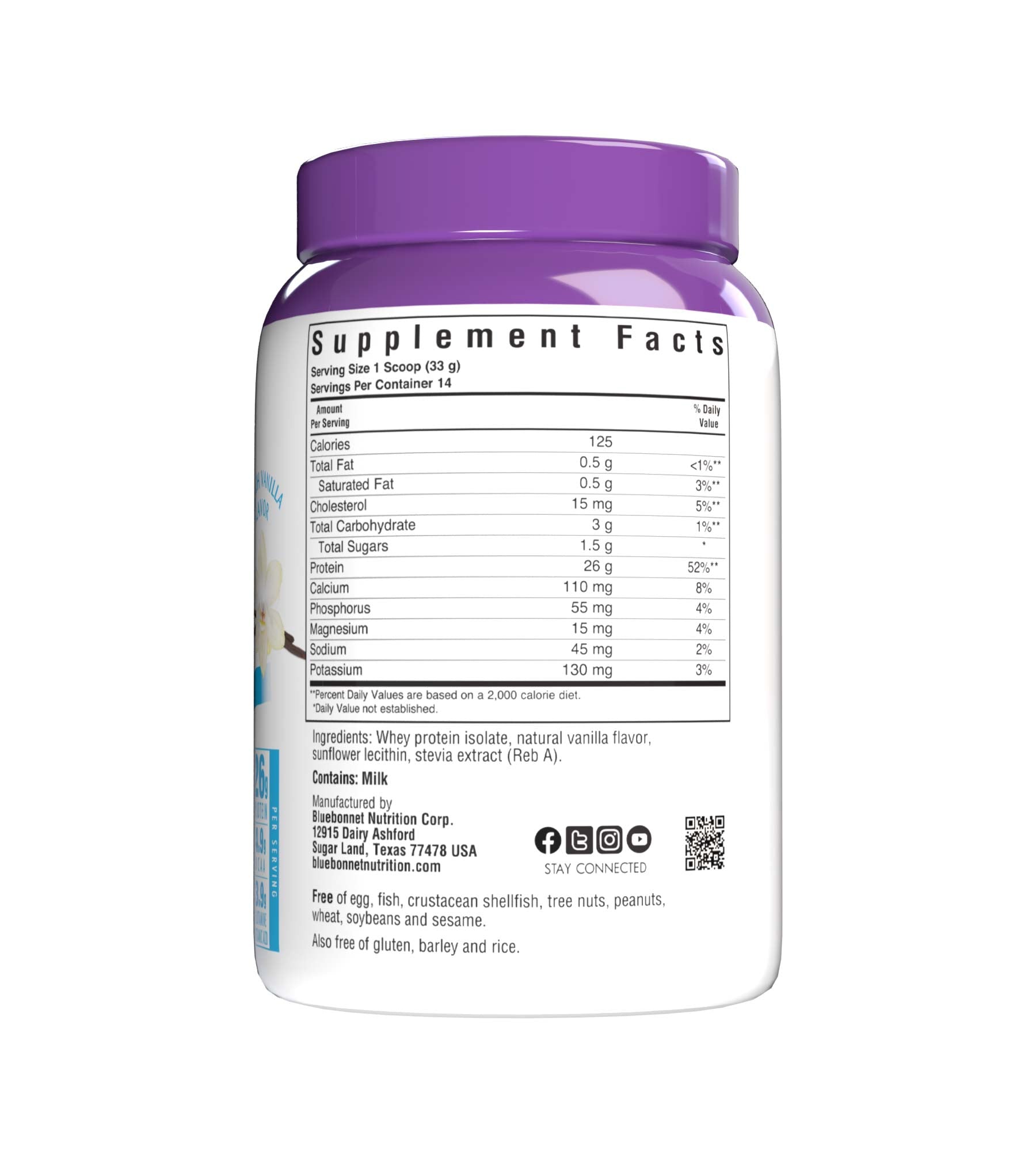 Bluebonnet's Whey Protein Isolate Powder. French vanilla flavor. 26 g of protein, 4.9 g BCAA and 3.9 g Glutamine Glutamic Acid per serving. Supplement facts panel. #size_1 lb