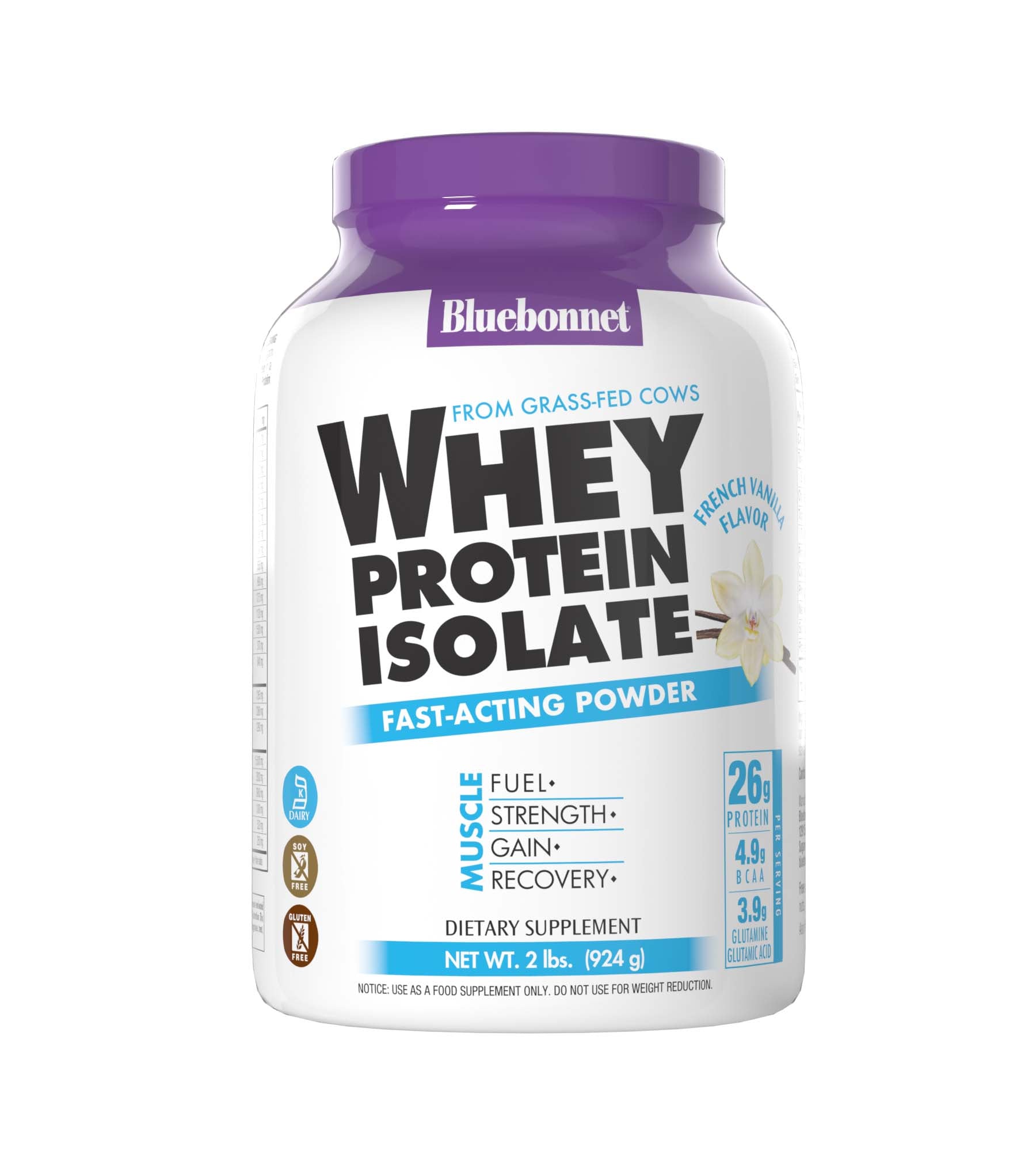 Bluebonnet's Whey Protein Isolate Powder. French vanilla flavor. 26 g of protein, 4.9 g BCAA and 3.9 g Glutamine Glutamic Acid per serving. #size_2 lb