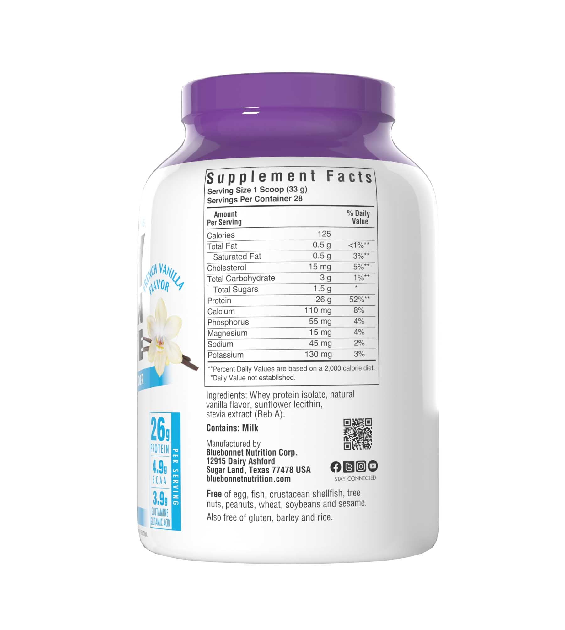Bluebonnet's Whey Protein Isolate Powder. French vanilla flavor. 26 g of protein, 4.9 g BCAA and 3.9 g Glutamine Glutamic Acid per serving. Supplement facts panel. #size_2 lb
