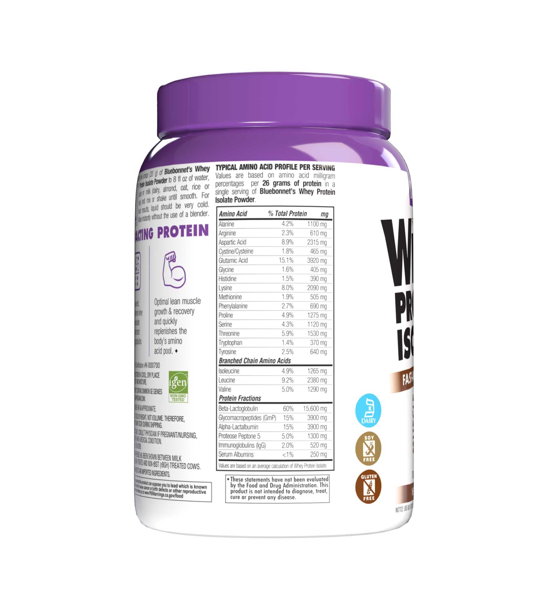 Bluebonnet's Whey Protein Isolate Powder. Chocolate flavor. 26 g of protein, 4.9 g BCAA and 3.9 g Glutamine Glutamic Acid per serving. Description panel 2.#size_1 lb