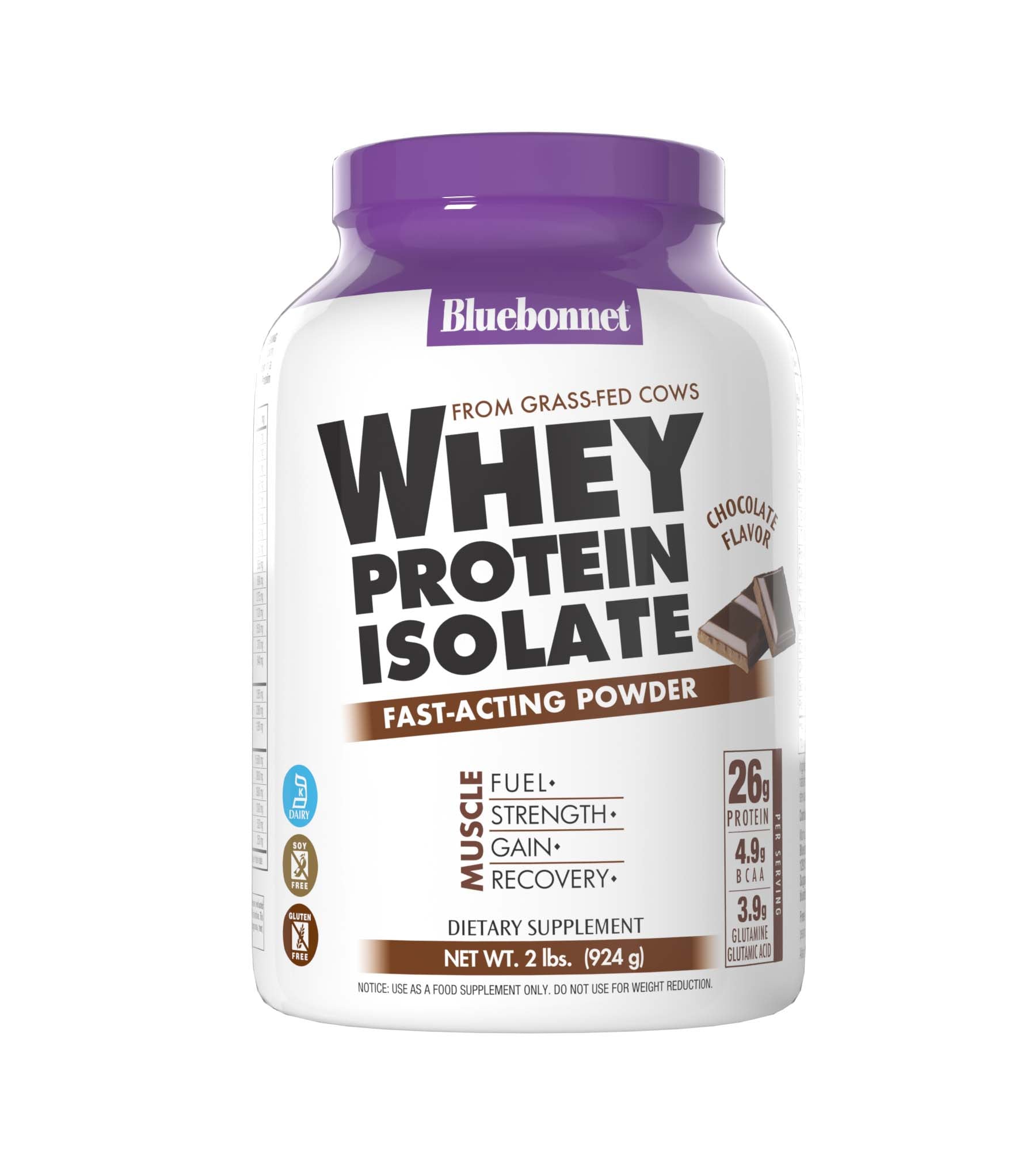Bluebonnet's Whey Protein Isolate Powder. Chocolate flavor. 26 g of protein, 4.9 g BCAA and 3.9 g Glutamine Glutamic Acid per serving. #size_2 lb