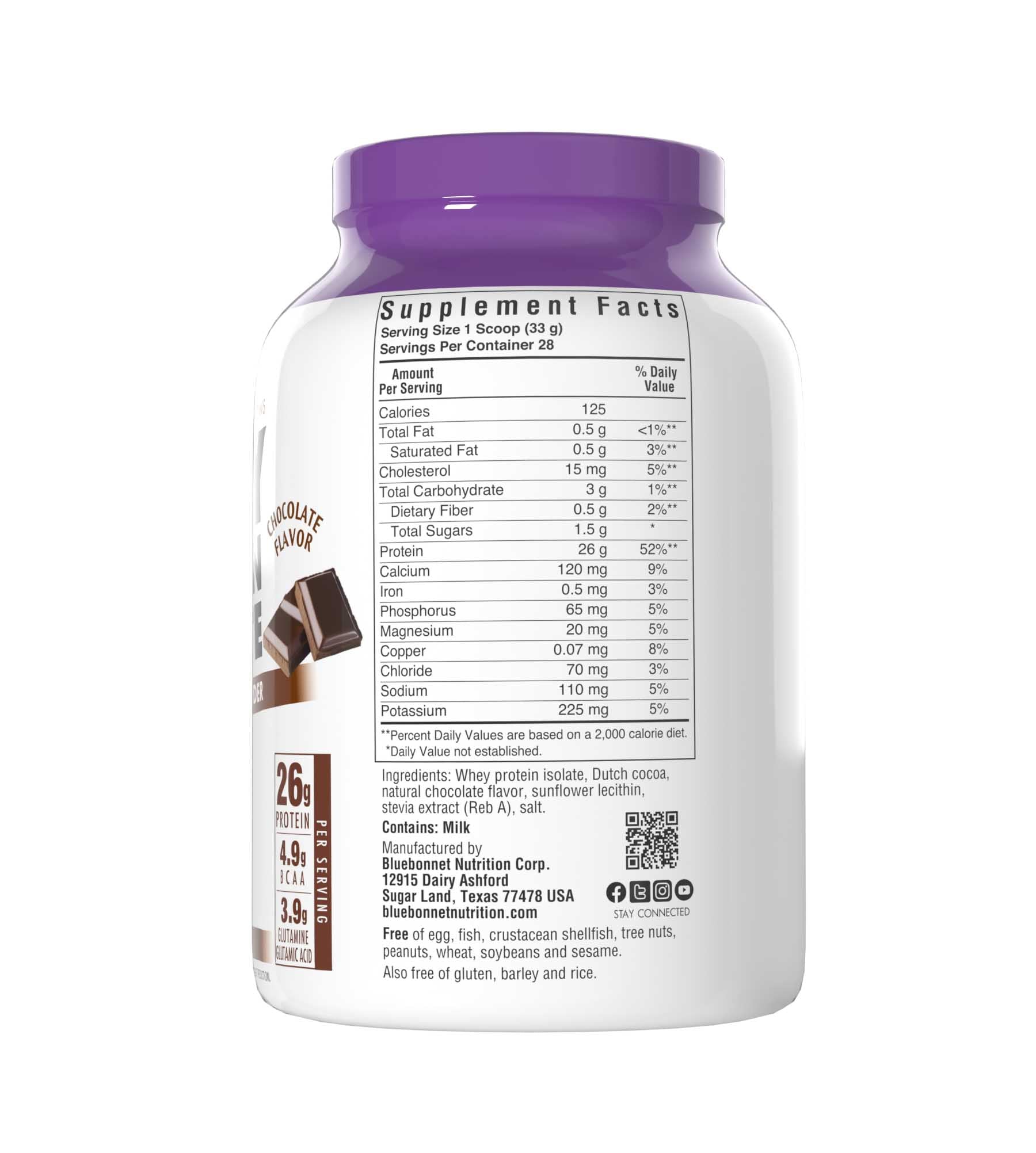 Bluebonnet's Whey Protein Isolate Powder. Chocolate flavor. 26 g of protein, 4.9 g BCAA and 3.9 g Glutamine Glutamic Acid per serving. Supplement facts panel. #size_2 lb