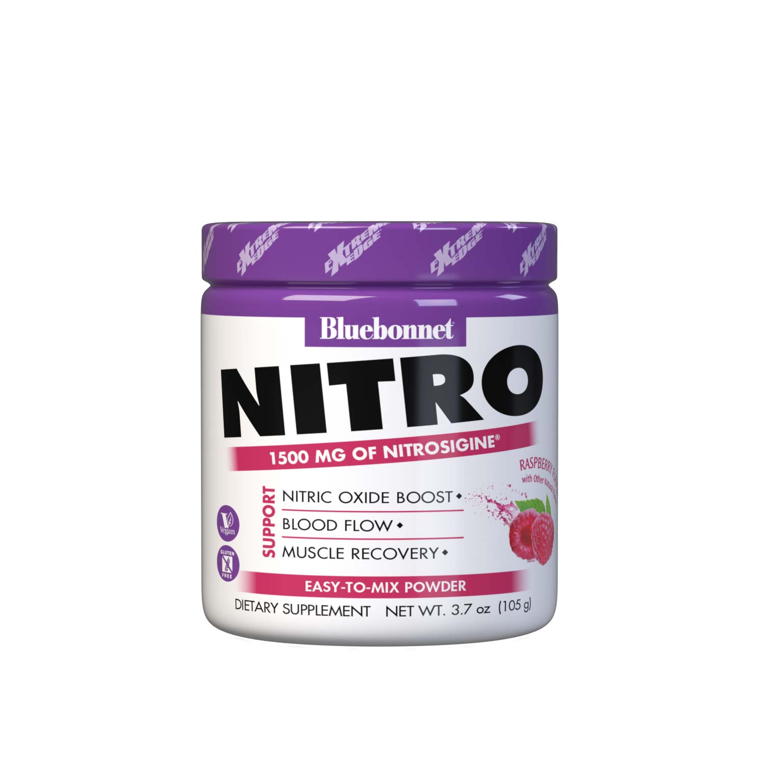 NITRO features clinically studied Nitrosigine, a patented complex of bonded arginine silicate stabilized with inositol, that has been scientifically engineered to significantly boost nitric oxide (NO) levels. NO is a key factor in promoting the relaxation of smooth muscle in blood vessels, thus increasing blood flow to the heart and working muscles. Optimal blood flow allows you to sustain a high level of training intensity. #size_3.7 oz