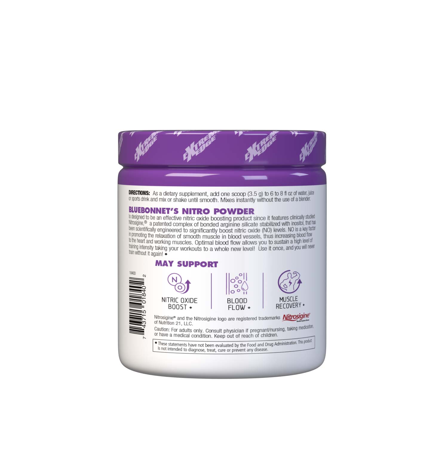 NITRO features clinically studied Nitrosigine, a patented complex of bonded arginine silicate stabilized with inositol, that has been scientifically engineered to significantly boost nitric oxide (NO) levels. NO is a key factor in promoting the relaxation of smooth muscle in blood vessels, thus increasing blood flow to the heart and working muscles. Optimal blood flow allows you to sustain a high level of training intensity. Description panel. #size_3.7 oz