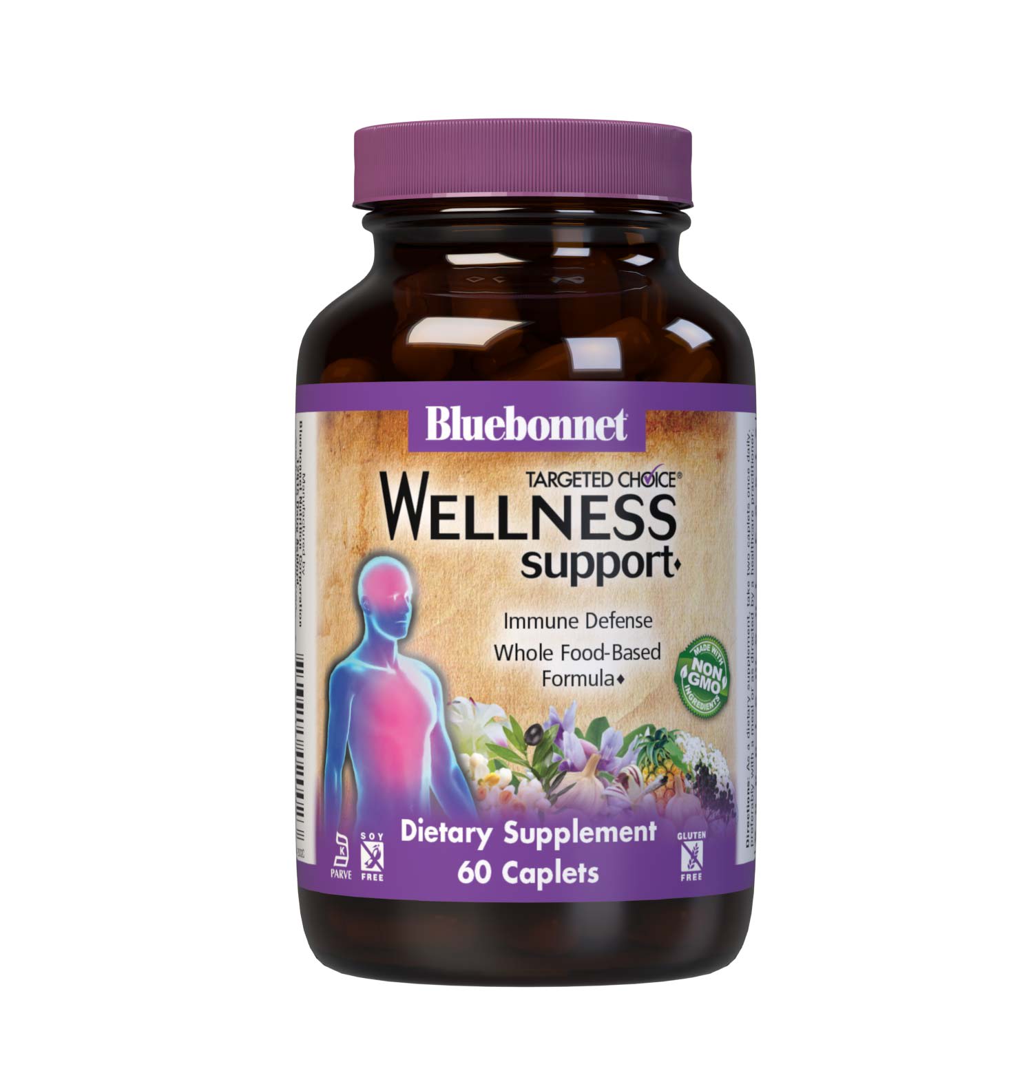 Bluebonnet’s Targeted Choice Wellness Support 60 Caplets are formulated with a complementary combination of non-GMO nutrients and sustainably sourced herbal extracts, such as vitamins A, C & D3, NAC, quercetin, zinc, andrographis, astragalus, elderberry, odor-less garlic, olive leaf, stinging nettle and turmeric.  #size_60 count