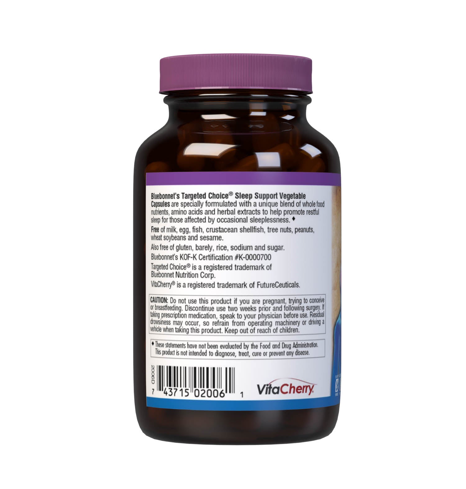 Bluebonnet’s Targeted Choice Sleep Support 60 Vegetable Capsules are specially formulated with a unique blend of whole food nutrients, amino acids and herbal extracts to help promote restful sleep for those affected by occasional sleeplessness. Description panel. #size_60 count