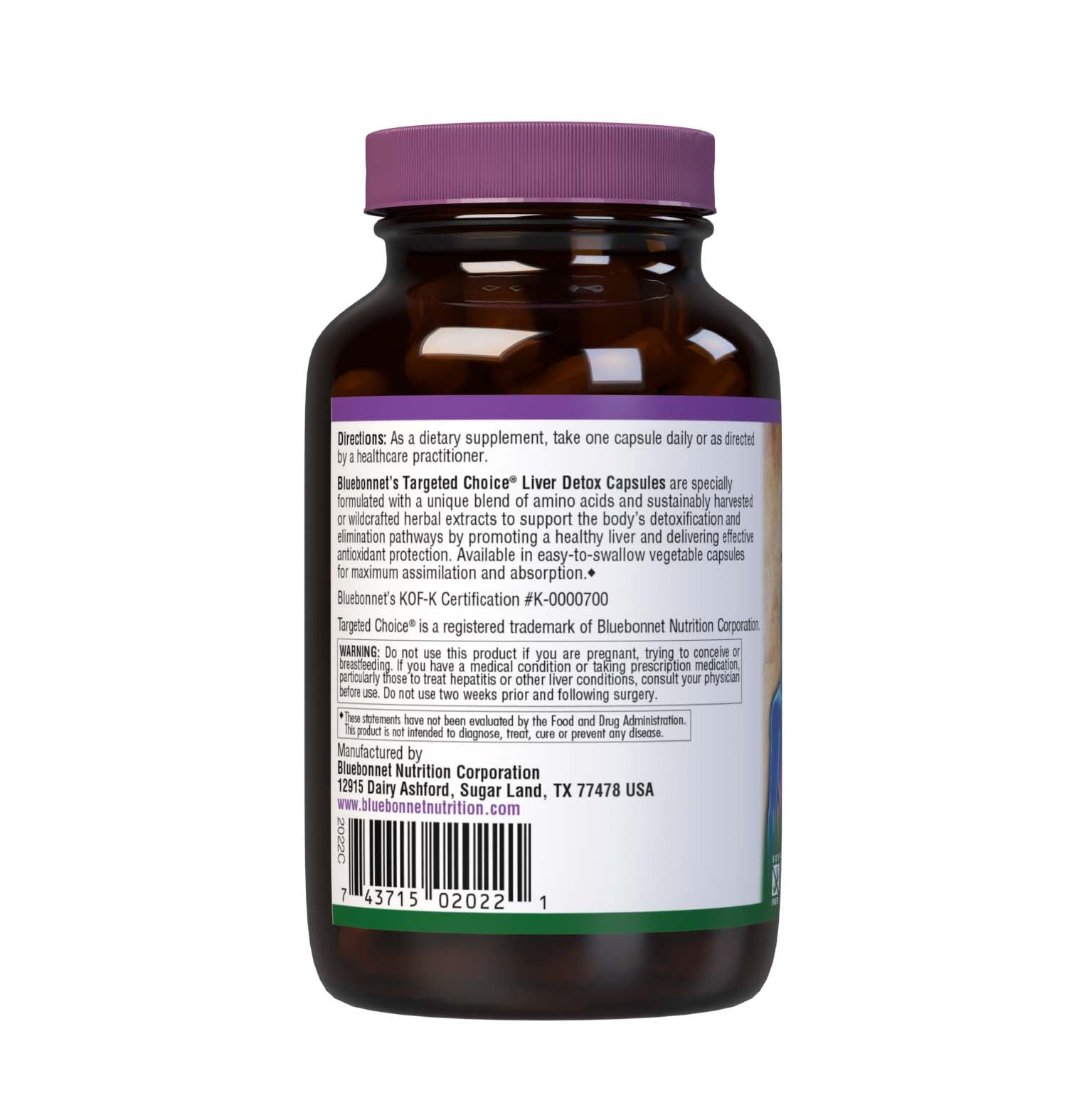 Bluebonnet’s Targeted Choice Liver Detox 60 Vegetable Capsules are specially formulated with a unique blend of amino acids and sustainably harvested or wildcrafted herbal extracts to support the body’s detoxification and elimination pathways by promoting a healthy liver and delivering effective antioxidant protection.  Description panel. #size_60 count