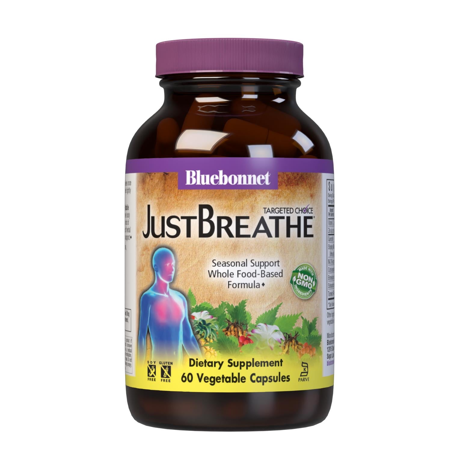 Bluebonnet’s Targeted Choice Just Breathe 60 Vegetable Capsules are specially formulated to support the body through seasonal changes and encourage free and clear breathing by helping to open nasal, sinus, and bronchial passages with a unique blend of immune-protective nutrients and sustainably sourced herbal extracts. #size_60 count