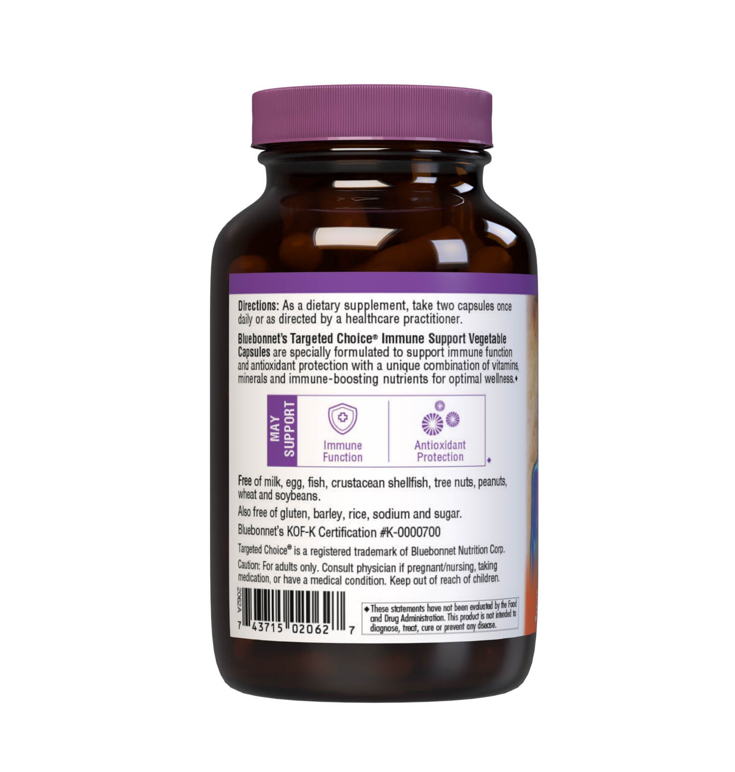 Bluebonnet’s Targeted Choice Immune Support 60 Vegetable Capsules are specially formulated to support immune function and antioxidant protection with a unique combination of vitamins, minerals and immune-boosting nutrients for optimal wellness. Description panel. #size_60 count