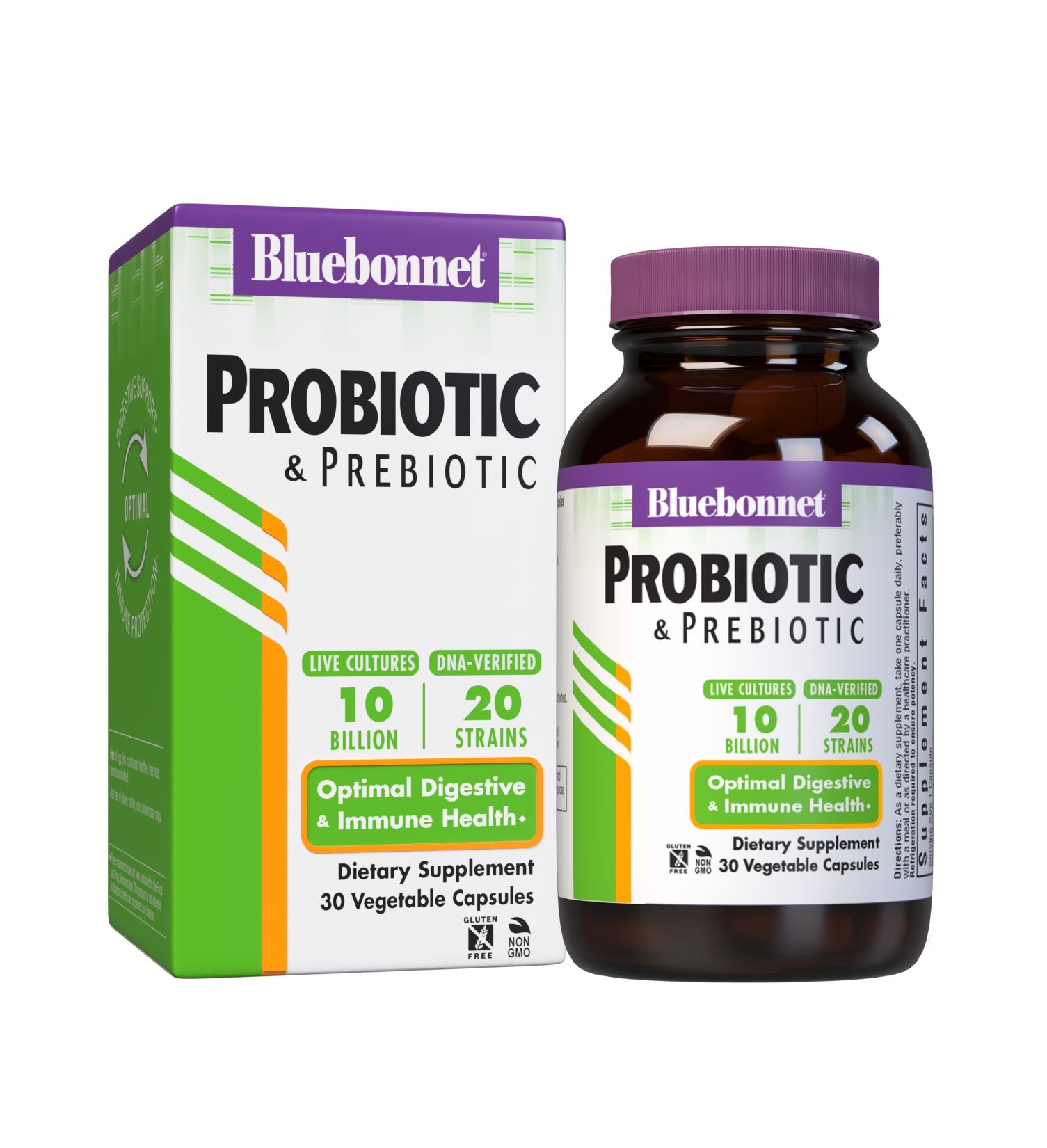 Bluebonnet’s Probiotic & Prebiotic 30 Vegetable Capsules are formulated with 10 billion viable cultures from 20 DNA-verified, scientifically supported strains. This unique, science-based probiotic formula includes the prebiotic inulin from chicory root extract, to assist the growth of friendly bacterium in the gut. with Box. #size_30 count