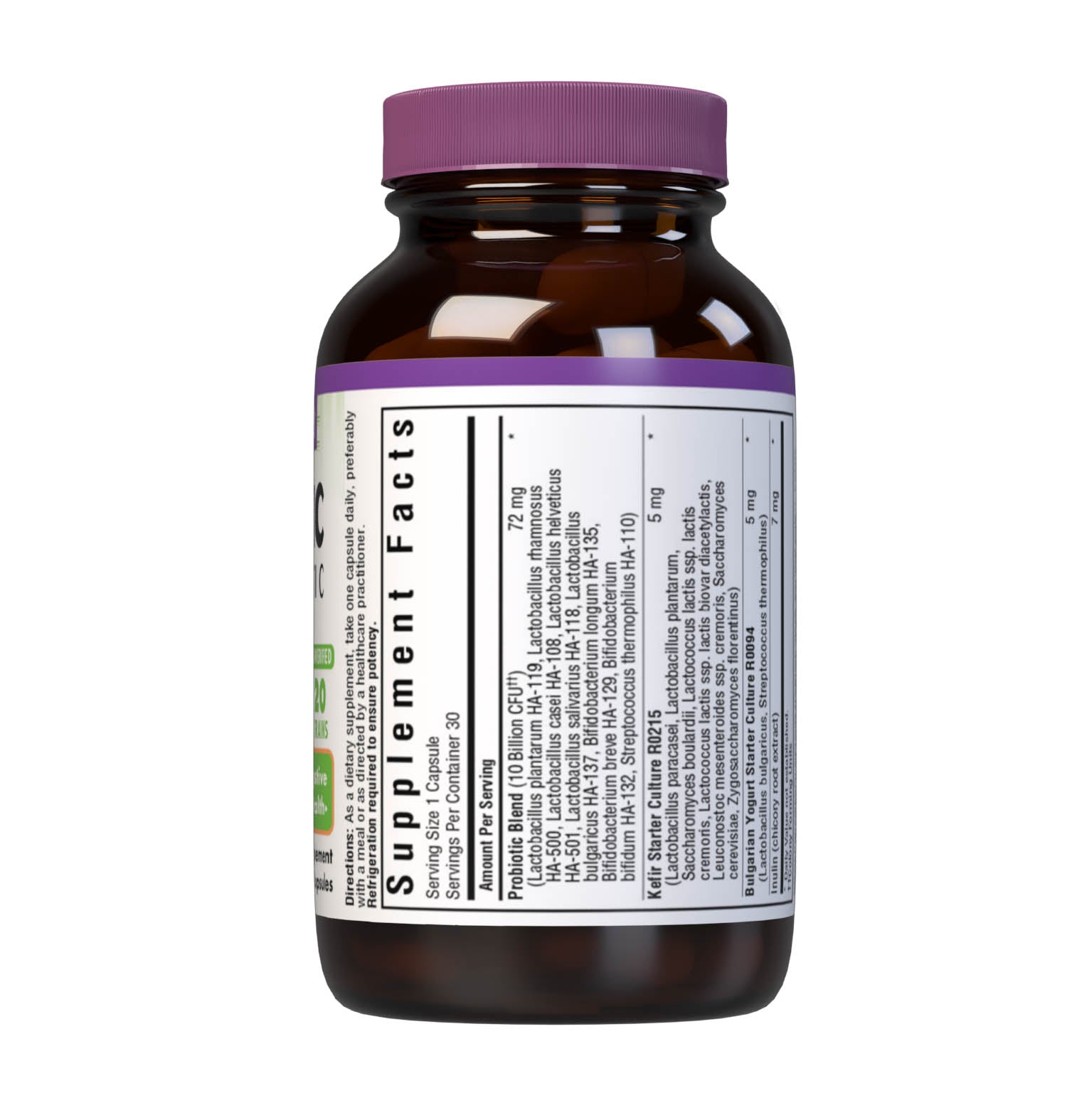 Bluebonnet’s Probiotic & Prebiotic 30 Vegetable Capsules are formulated with 10 billion viable cultures from 20 DNA-verified, scientifically supported strains. This unique, science-based probiotic formula includes the prebiotic inulin from chicory root extract, to assist the growth of friendly bacterium in the gut. Supplement facts panel. #size_30 count