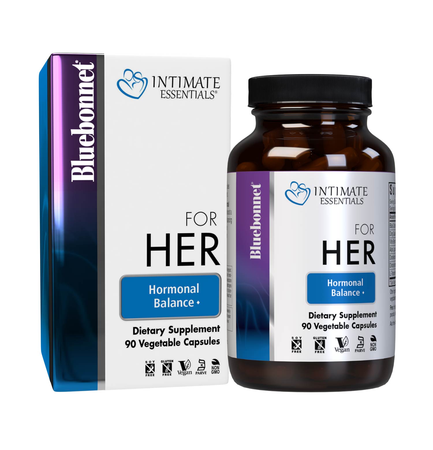 Bluebonnet’s Intimate Essentials® For Her Hormonal Balance 90 pill count bottle comes in box. #size_90 count