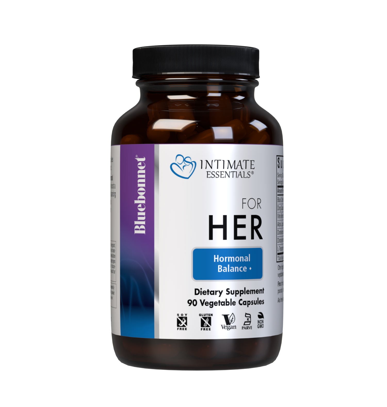Bluebonnet’s Intimate Essentials® For Her Hormonal Balance Vegetable Capsules are specially formulated to help boost a woman’s sexual energy and youthful vibrance by balancing hormones during PMS and menopause. #size_90 count