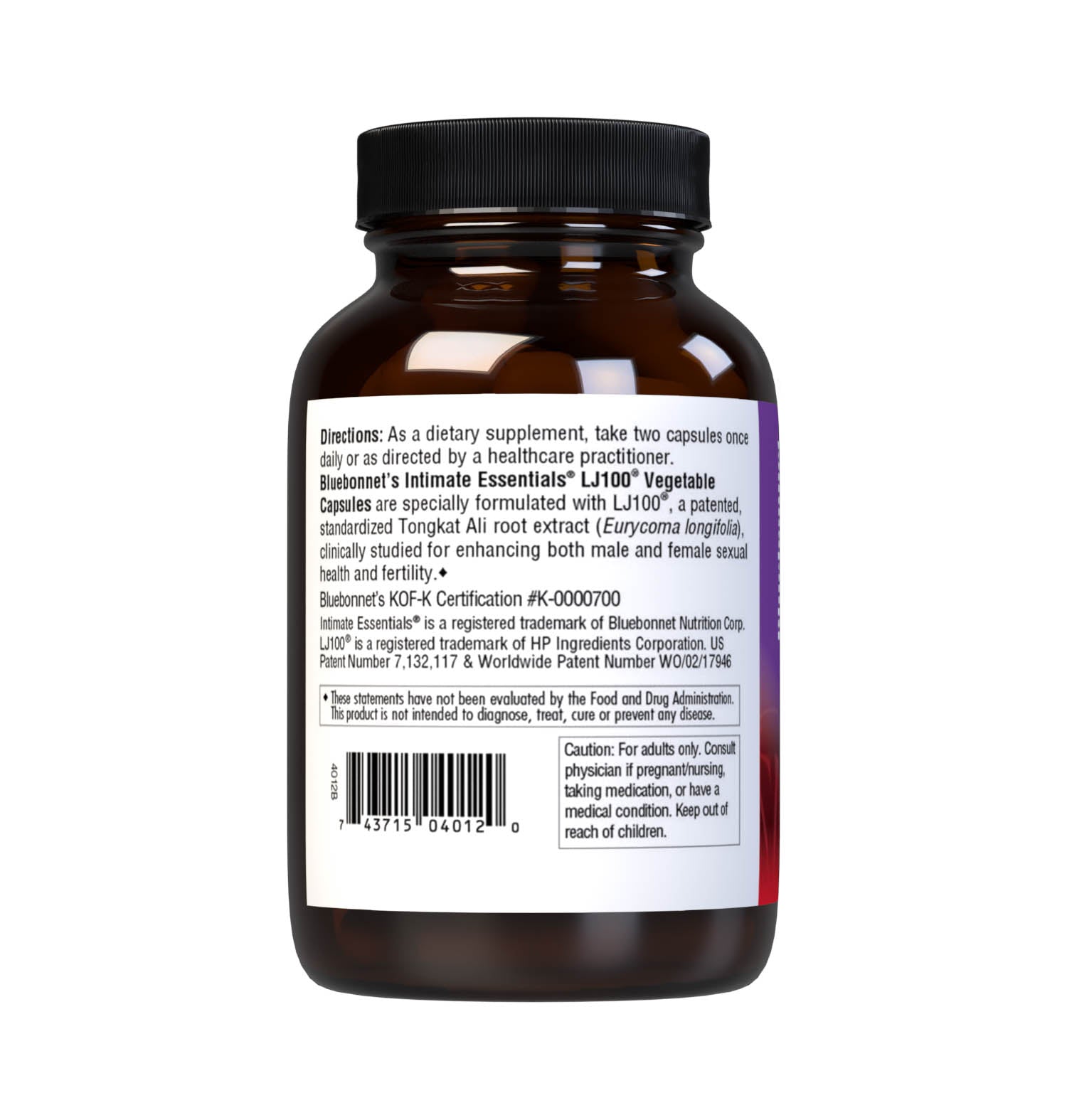 Bluebonnet’s Intimate Essentials LJ100 Vegetable Capsules are specially formulated with LJ100, a patented, standardized Tongkat Ali root extract (Eurycoma longifolia), clinically studied for enhancing both male and female sexual health and fertility.  Description panel. #size_60 count