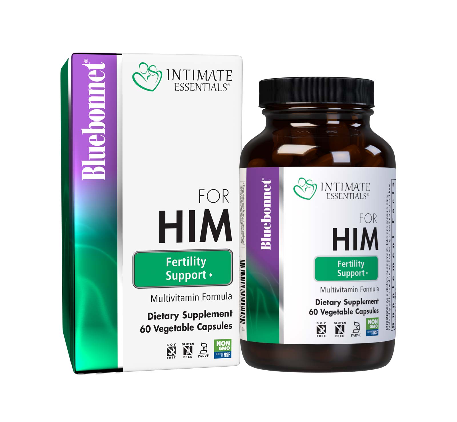 Bluebonnet’s Intimate Essentials Fertility For HIM Whole Food-Based Multiple 60 pill count bottle comes in box.  bottle with box. #size_60 count
