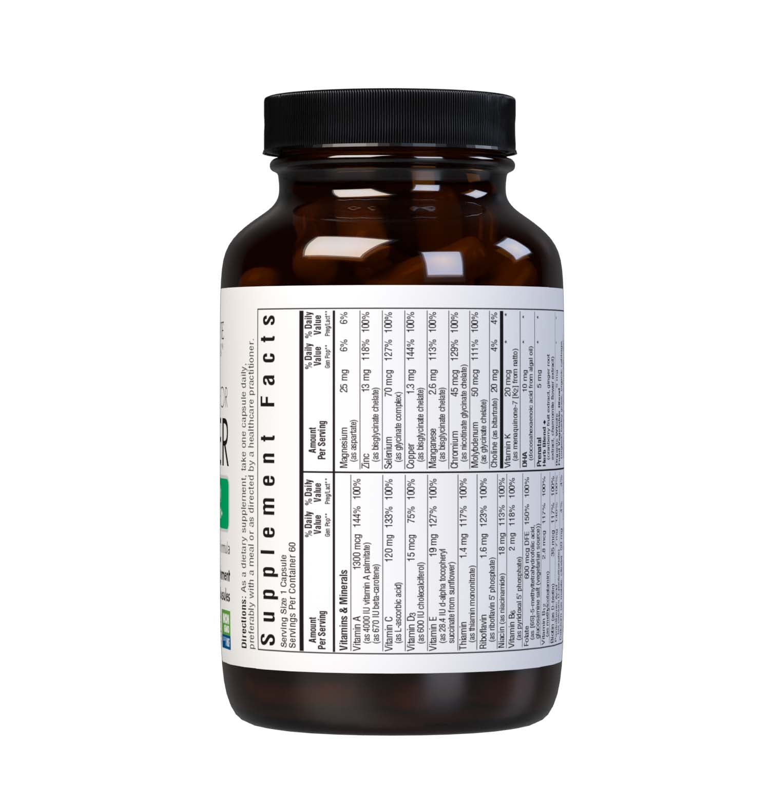 Bluebonnet’s Intimate Essentials Fertility For HER Whole Food-Based Multiple 60 Vegetable Capsules are specially formulated to help support a woman’s optimal reproductive health and wellness with a complementary combination of vitamins, minerals and botanicals. Supplement facts panel. #size_60 count